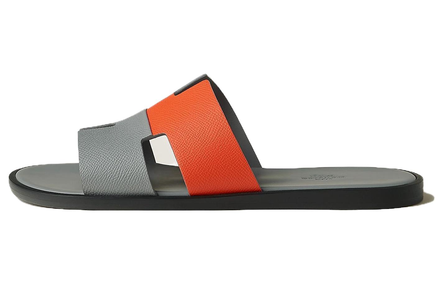HERMES Leather Round Toe Slip-On Slides 'Grey Orange'
