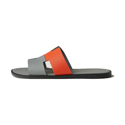 HERMES Leather Round Toe Slip-On Slides 'Grey Orange'
