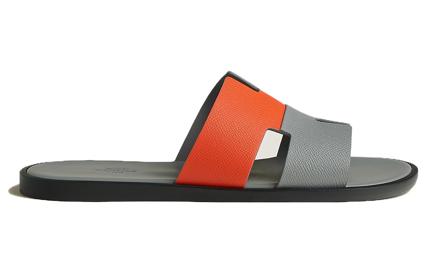 HERMES Leather Round Toe Slip-On Slides 'Grey Orange' 圖 2