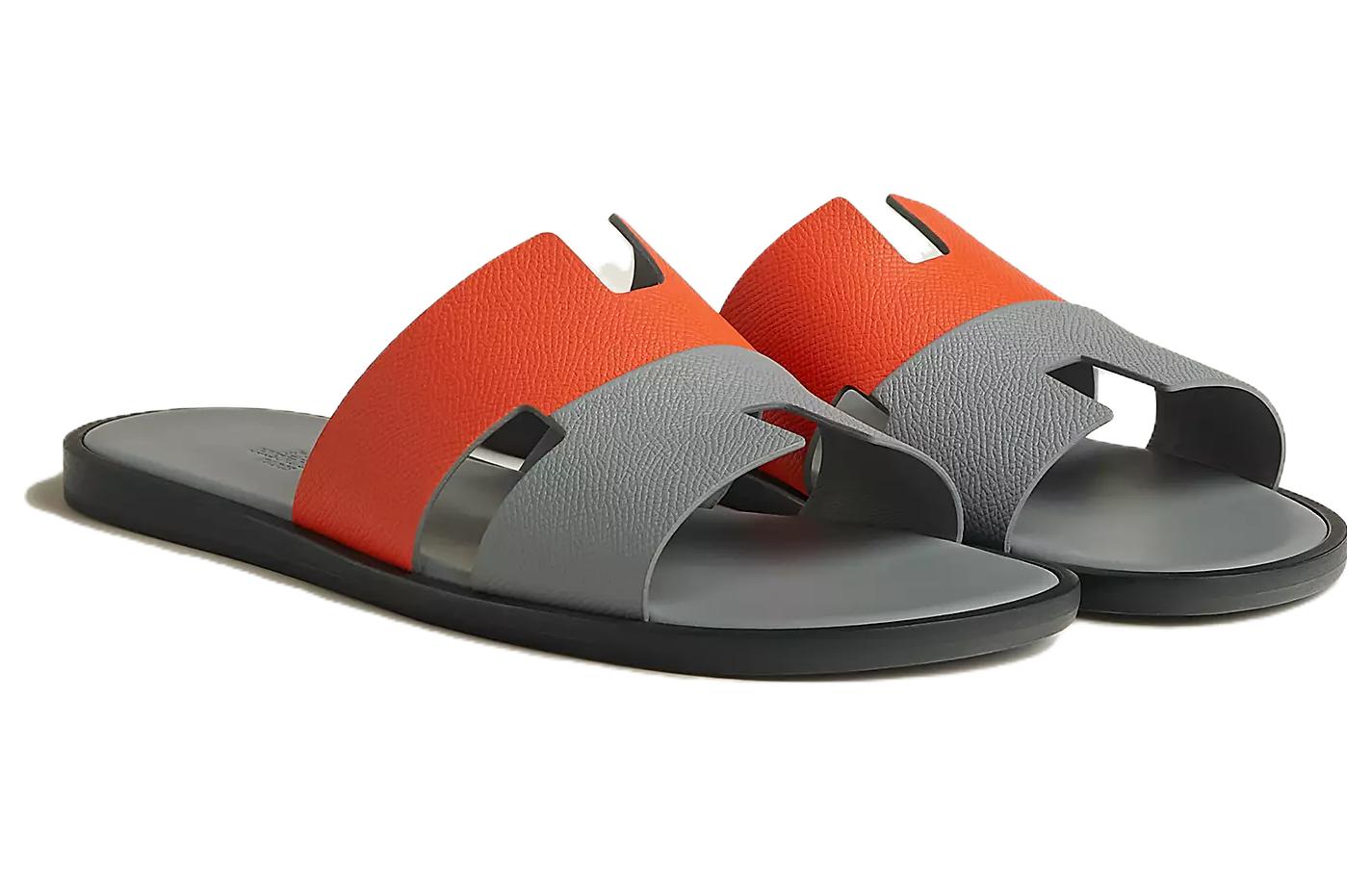 HERMES Leather Round Toe Slip-On Slides 'Grey Orange' 圖 3