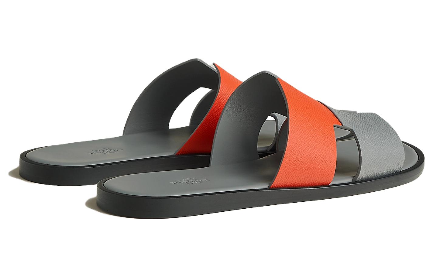 HERMES Leather Round Toe Slip-On Slides 'Grey Orange' 圖 4