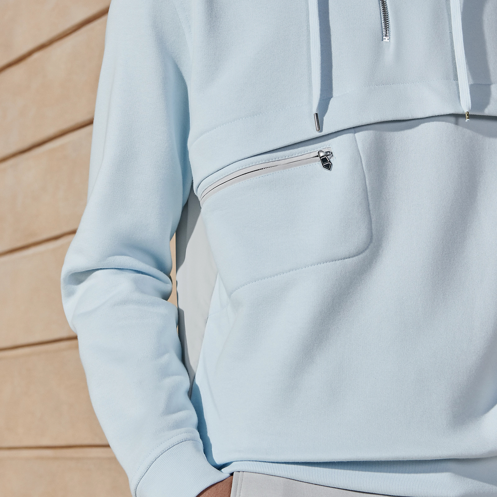 Shop HERMES Light Blue Pullover Hoodie with Drawstring and Zipper Collar H457750HA5LLA