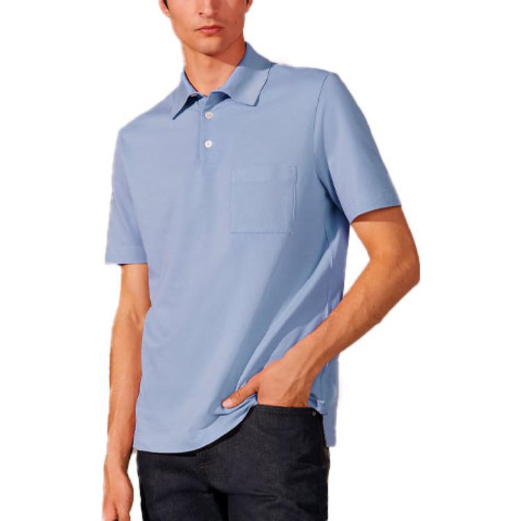 Shop HERMES Light Blue Solid Pocket Casual Short Sleeve Polo Shirt. H072325HA69