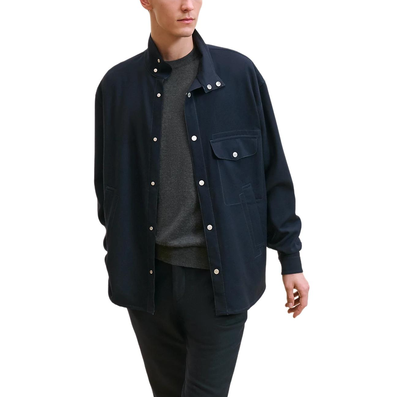 Shop HERMES Kemeja Butang Flanel Bulu Ringan Biru H466100H80139