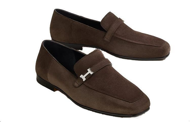 Shop HERMES愛馬仕 絨面 時尚潮流 樂福鞋 男款 棕色