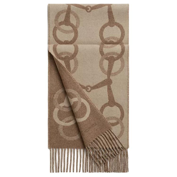 HERMES Logo Cashmere Wool Scarf Unisex Beige Couple Style. H394809T 05