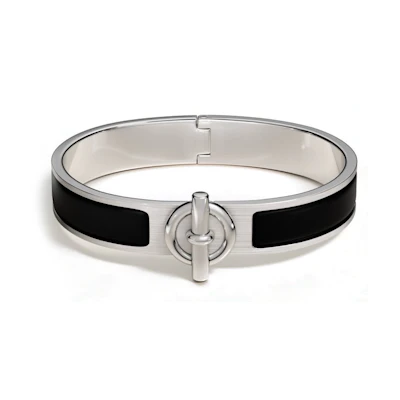 HERMES Logo Design Palladium-Plated Silver Enamel Bracelet for Men. H703220FB01