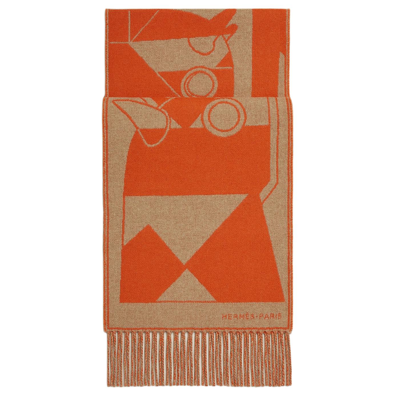 HERMES Logo Embroidered Wool Scarf Brown for Men. H394800T05