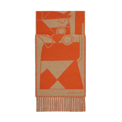 HERMES Logo Embroidered Wool Scarf Brown for Men. H394800T05