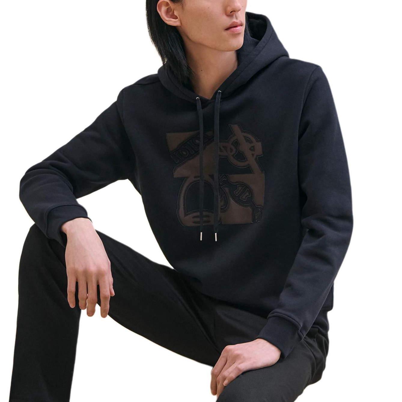 HERMES Logo Hoodie  Long Sleeve Ribbed Sweatshirt Ocean Blue. H467820HA01