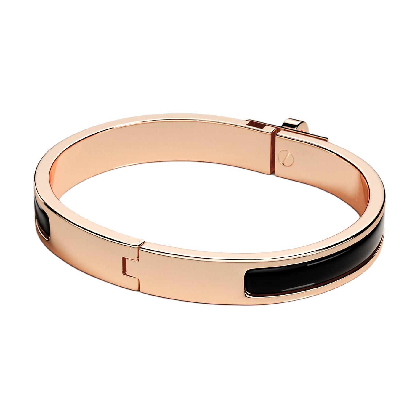 Lookbook 에르메스 로고 로즈골드 메탈 에나멜 팔찌 유니섹스 커플 디자인. H200004F0001