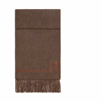 HERMES Logo Wool Scarf Brown Warm Winter Accessory H393826T 01