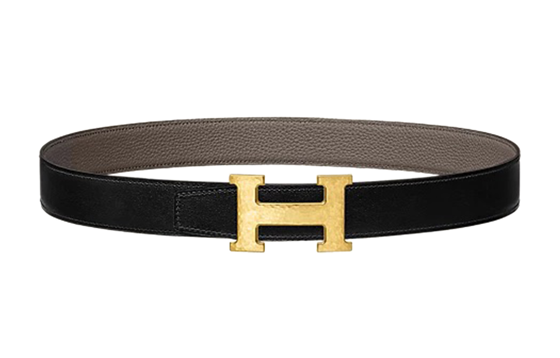 HERMES Martelee Leather Belt Black/Tin Grey Gold Buckle  3.2cm Wide H064549CC06-H073967CAAC