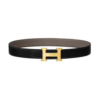 HERMES Martelee Leather Belt Black/Tin Grey Gold Buckle 3.2cm Wide H064549CC06-H073967CAAC