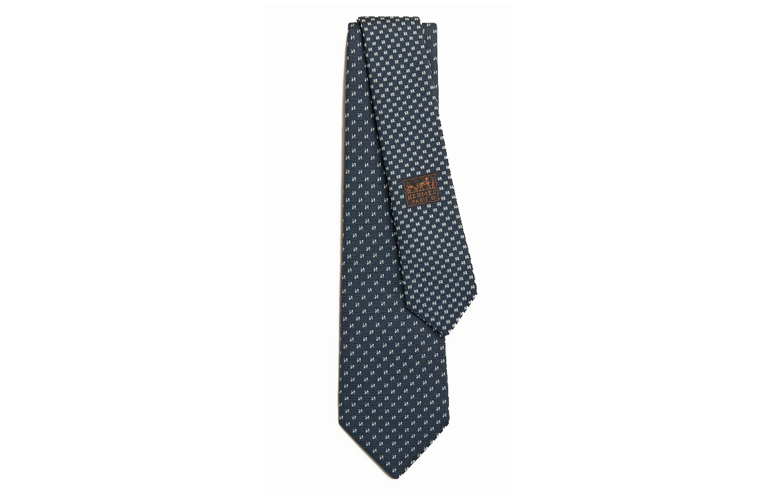 HERMES Medor Embroidered Pattern Tie  Blue H339352T-01