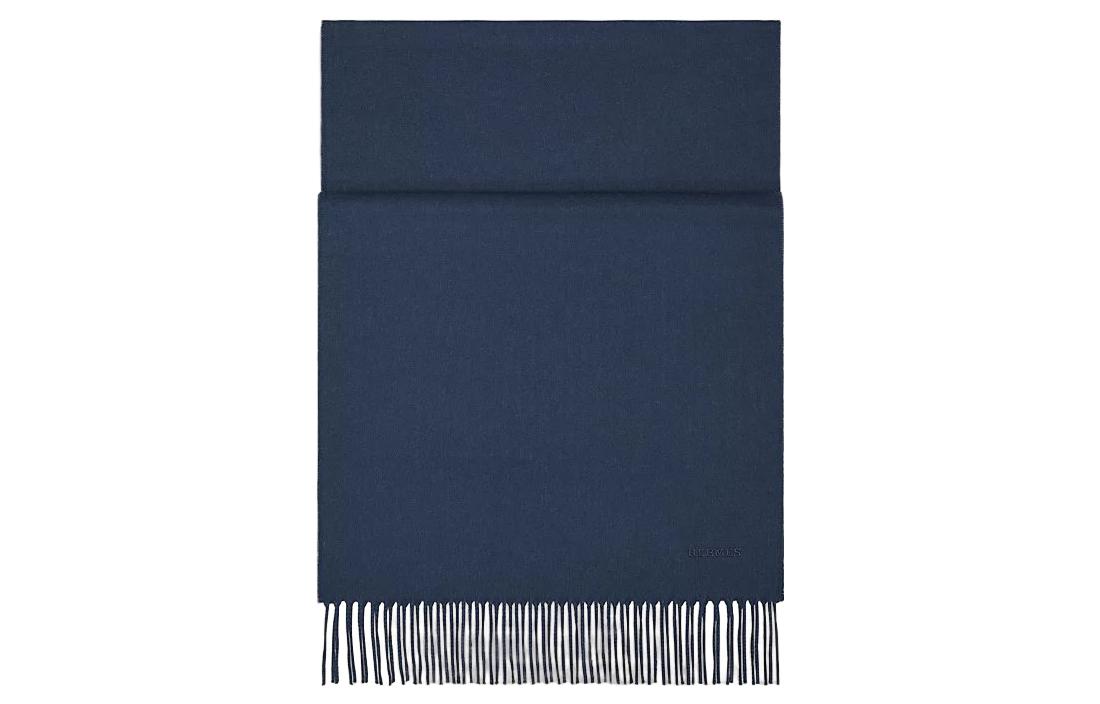 HERMES Men’s Blue Cashmere Scarf with Minimalist Solid Color & Logo Design. H393700T 25