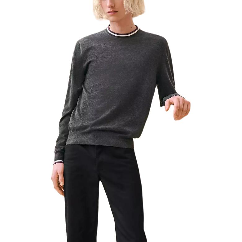 HERMES Men’s Contrast Trim Striped Round Neck Knit Sweater Dark Grey FW24 H467015HA81 圖 2