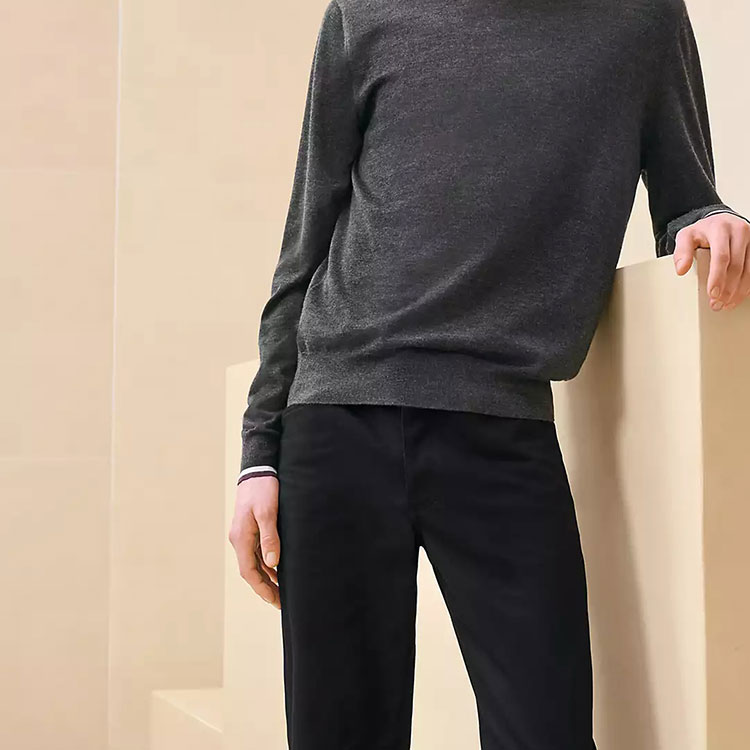 HERMES Men’s Contrast Trim Striped Round Neck Knit Sweater Dark Grey FW24 H467015HA81 圖 6