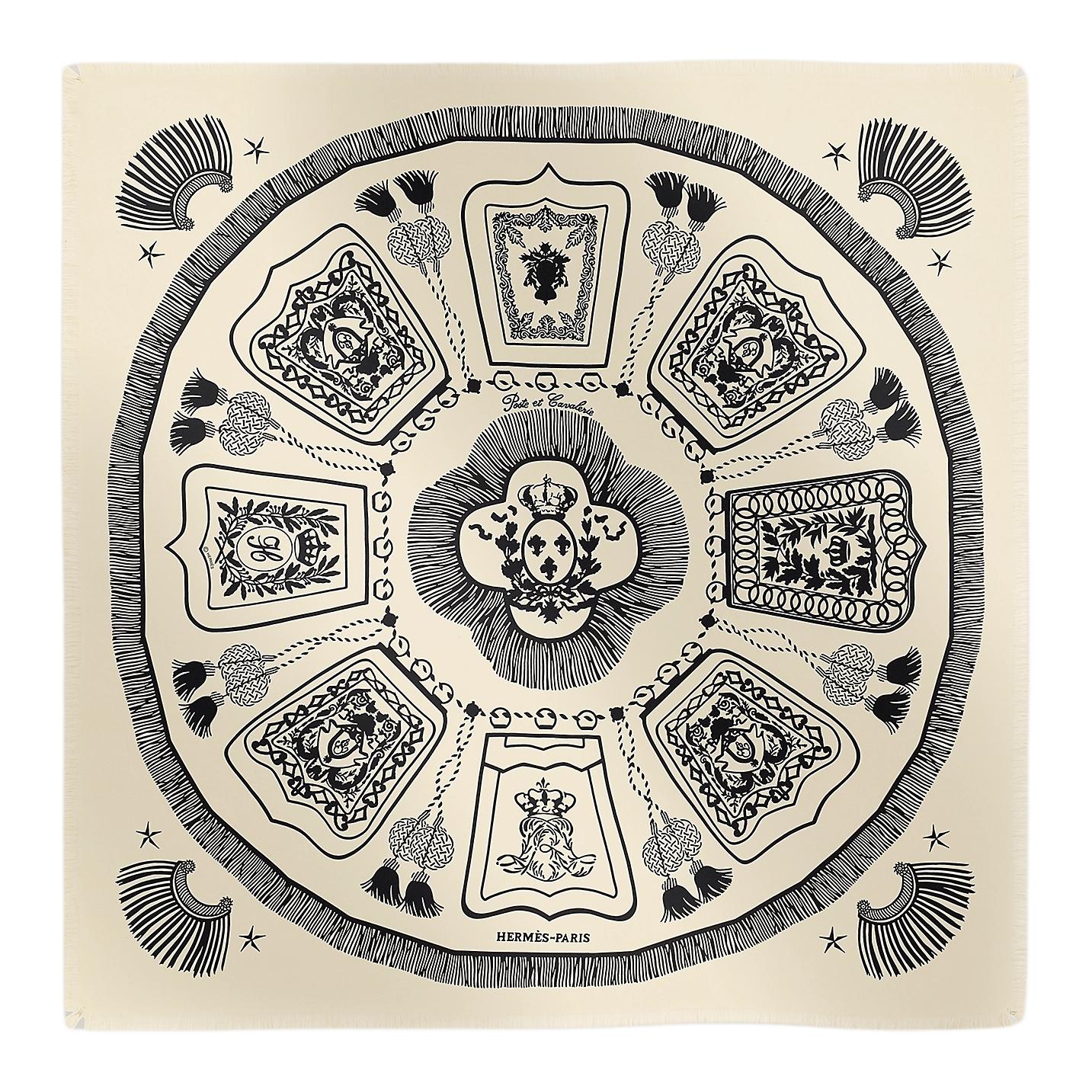 HERMES Men’s Silk Scarf "Outposts and Knights" Light Beige Silk Accessory H271757Tv09