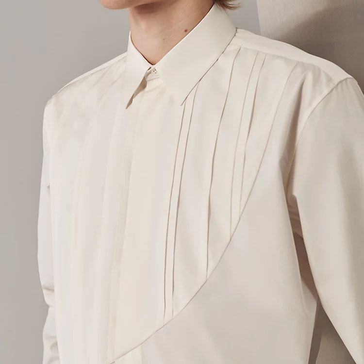 Shop HERMES Kemeja Lengan Panjang Lelaki Warna Padu Gading Putih SS24. H366420H184