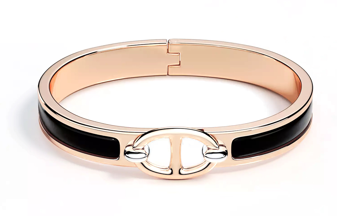 HERMES Narrow Enamel Bracelet Rose Gold/Black Unisex Couples Design. H209000FO01