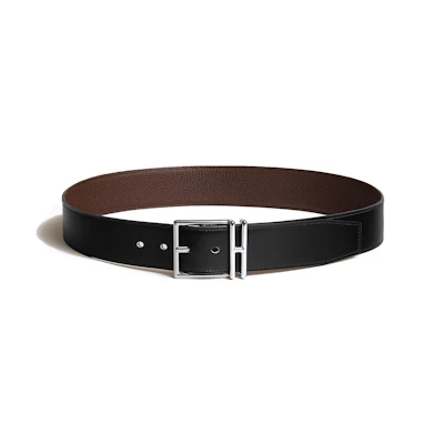 HERMES Nathan Silver Buckle Togo Leather Belt Men Black/Chocolate 4cm Wide H064061CKAE