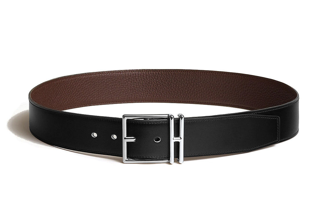 HERMES Nathan Silver Buckle Togo Leather Belt Men Black/Chocolate 4cm Wide H064061CKAE 圖 2