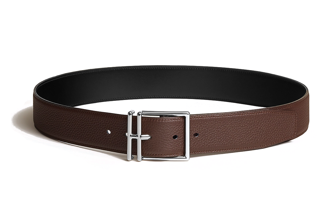 HERMES Nathan Silver Buckle Togo Leather Belt Men Black/Chocolate 4cm Wide H064061CKAE 圖 3