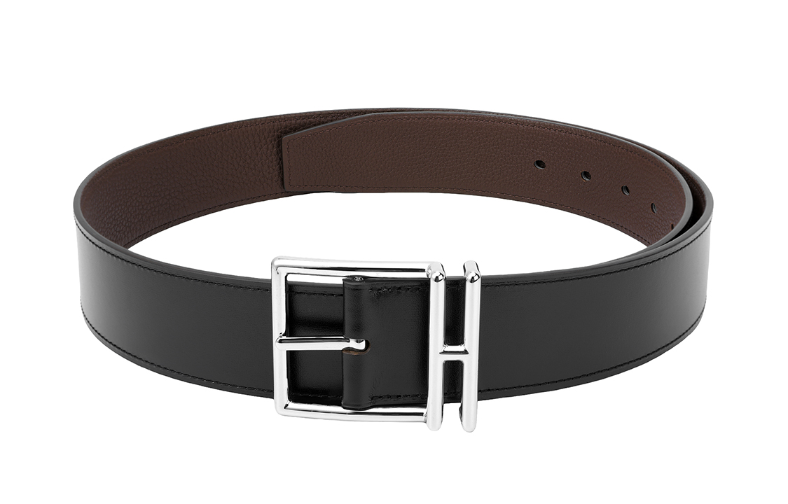 HERMES Nathan Silver Buckle Togo Leather Belt Men Black/Chocolate 4cm Wide H064061CKAE 圖 5