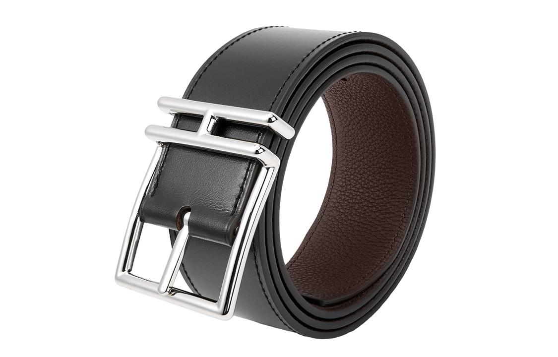HERMES Nathan Silver Buckle Togo Leather Belt Men Black/Chocolate 4cm Wide H064061CKAE 圖 6