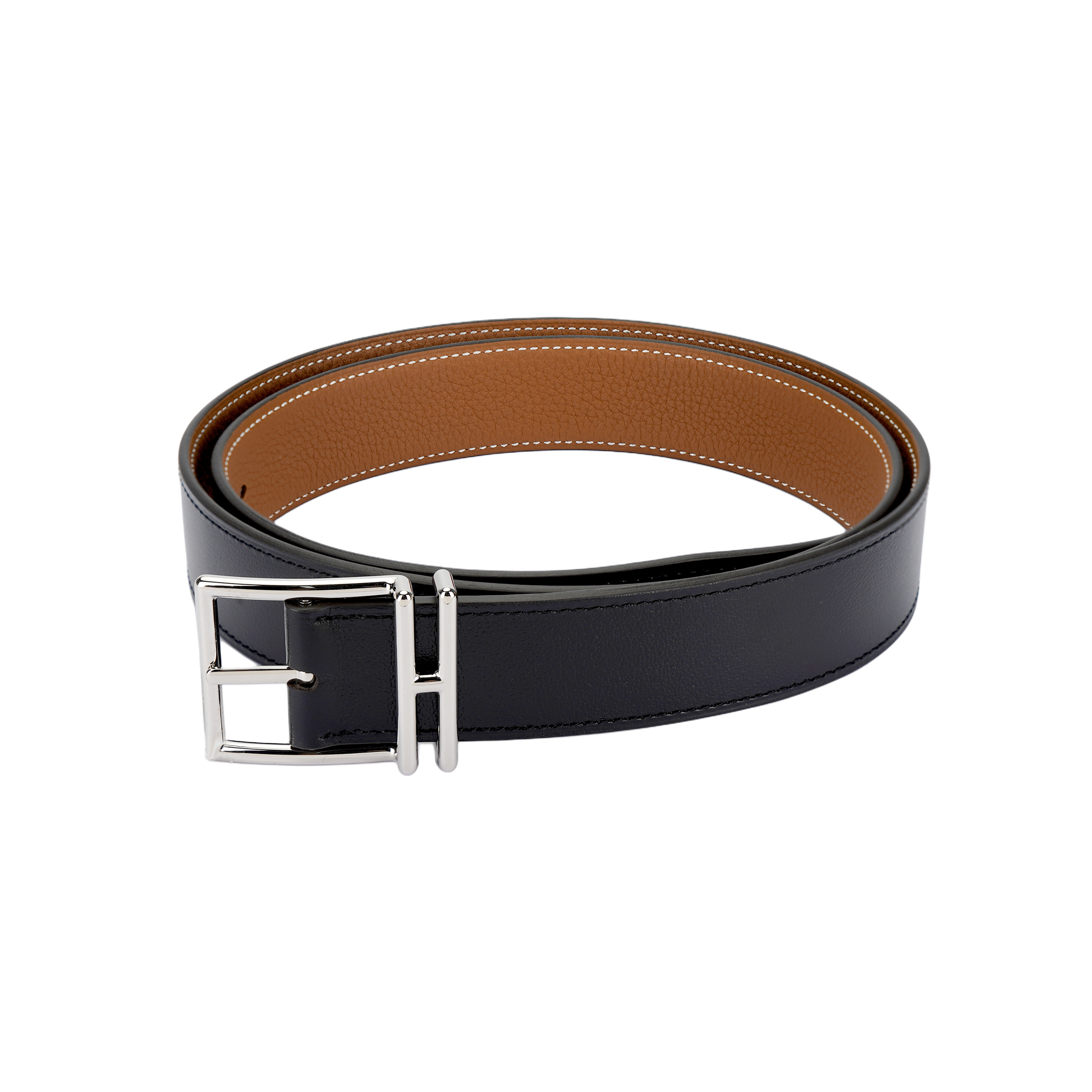 HERMES Nathan Silver Buckle Togo Reversible Leather Belt Black/Gold 3.2cm Men. H074352CKAA085