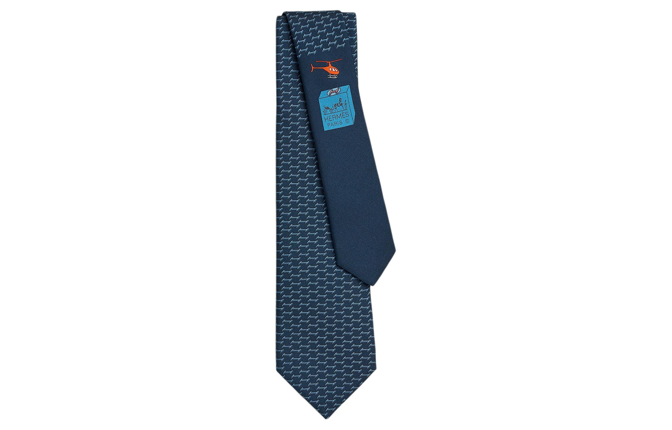 HERMES Navy Blue  Tie with Airplane Print Design H006317Tv03
