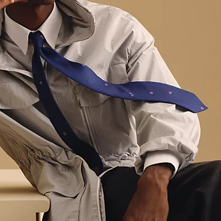 Lookbook HERMES Navy Blue  Tie with Embroidered Textured Design H339383Tv08