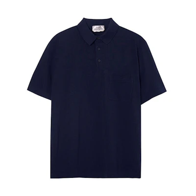 HERMES Navy Blue Solid Color Embroidered Logo Button-Collar Polo Shirt H072325HA01
