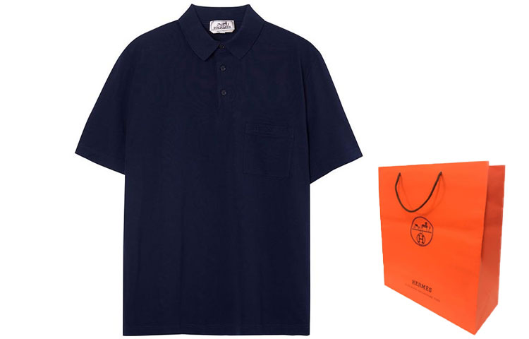 Shop 에르메스 네이비 블루 로고 자수 버튼 칼라 폴로 셔츠 H072325HA01