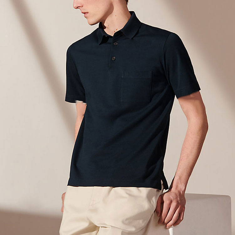 Purchase 에르메스 네이비 블루 로고 자수 버튼 칼라 폴로 셔츠 H072325HA01