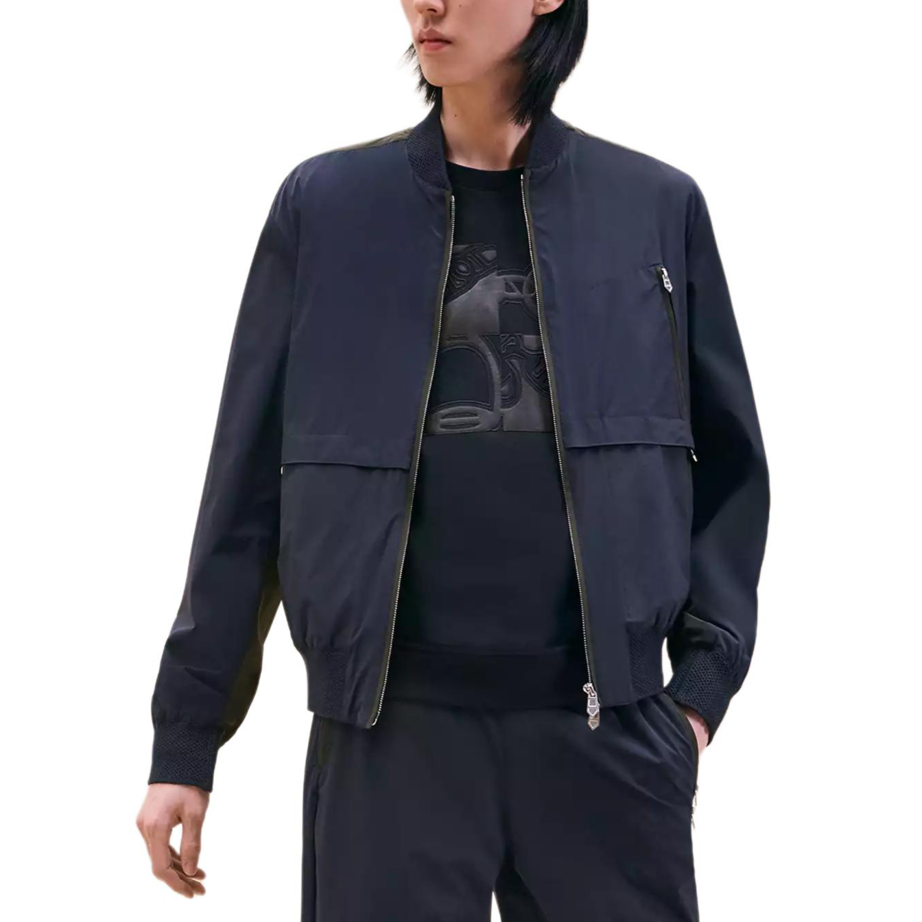 Hermes Navy Blue Solid Ribbed Trim Baseball Jacket H462940HL01