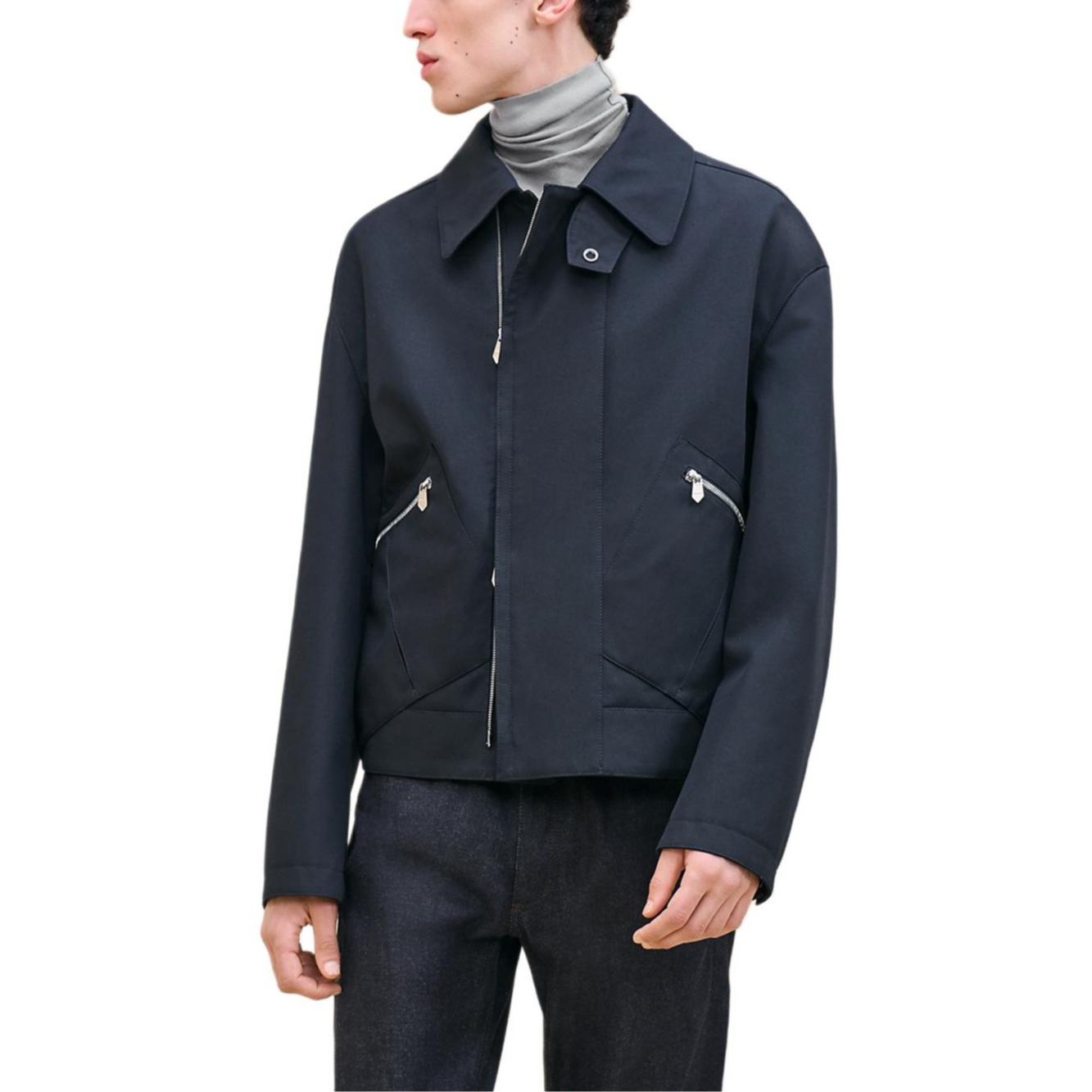 Hermes Navy Blue Solid Straight Zip Pocket Long-Sleeve Jacket H462200HC01