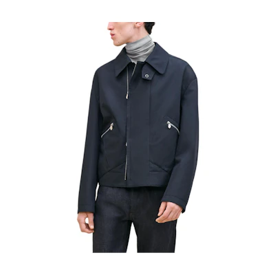 Hermes Navy Blue Solid Straight Zip Pocket Long-Sleeve Jacket H462200HC01