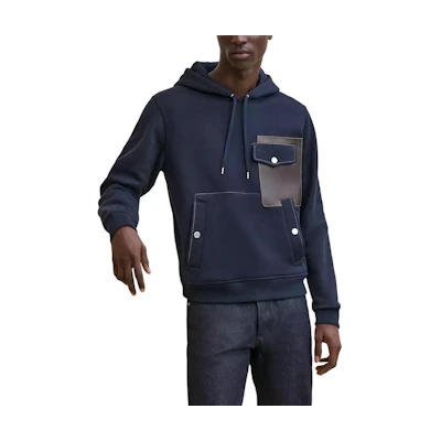 Hermes Navy Hoodie with Ribbed Cuffs and Drawstring H467740HA01