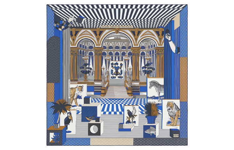 HERMES New Grand Theater 90cm Royal Blue Silk Scarf. H003761S-01