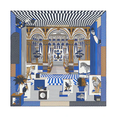 HERMES New Grand Theater 90cm Royal Blue Silk Scarf. H003761S-01