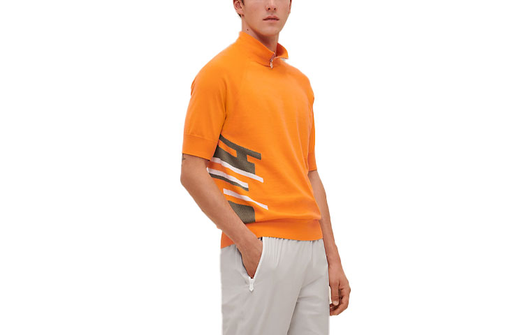HERMES Orange Striped Print Half-Turtleneck Short-Sleeve Polo Shirt H157130HA30