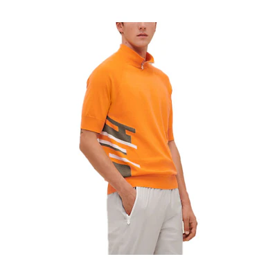 HERMES Orange Striped Print Half-Turtleneck Short-Sleeve Polo Shirt H157130HA30