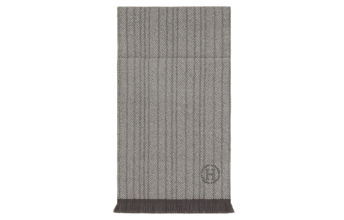 HERMES Panama Rayee Fringe Lambskin Embroidered Cashmere Scarf Unisex Grey H393823T 05
