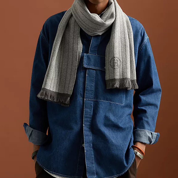 HERMES Panama Rayee Fringe Lambskin Embroidered Cashmere Scarf Unisex Grey H393823T 05 圖 3