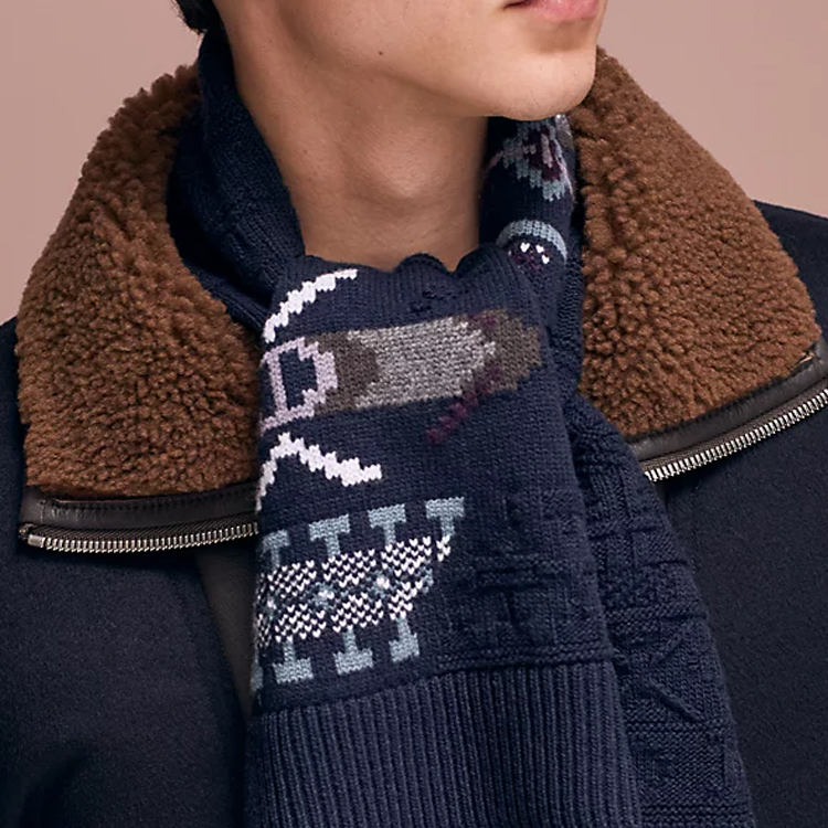 HERMES Pattern Design Wool Scarf  Navy Blue. H394085T03 圖 3