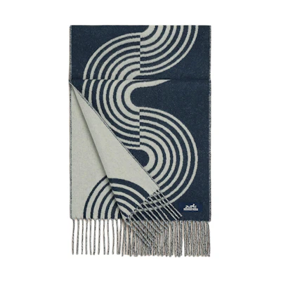 HERMES Pattern Print Wool Scarf Unisex Couple Style Blue H259133S 04
