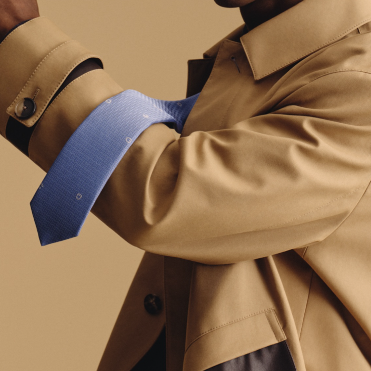 Lookbook HERMES Pattern Printed Logo Tie Unisex Couple Sky Blue. H339383T 06