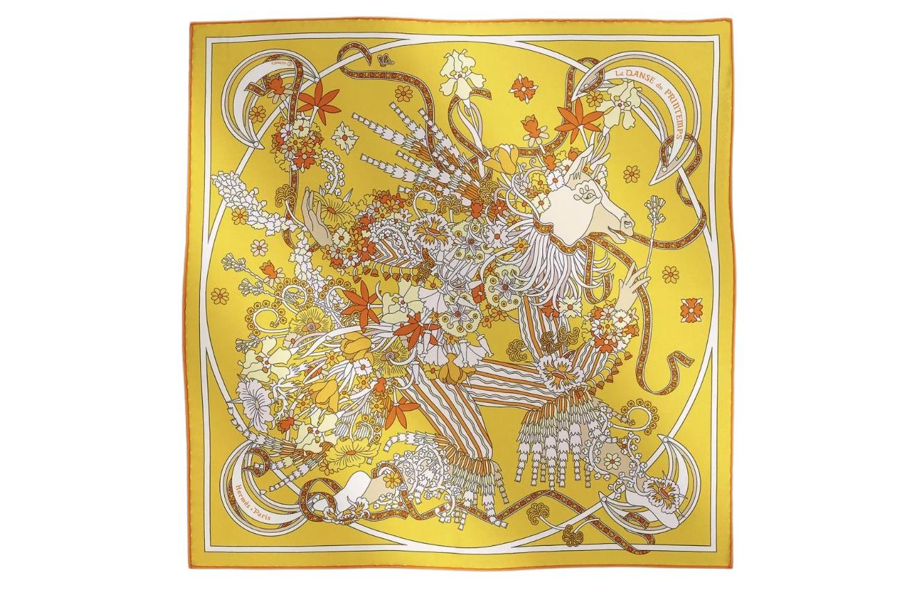 HERMES Patterned Print Silk Scarf Unisex Couple Style - Yellow. H893922S